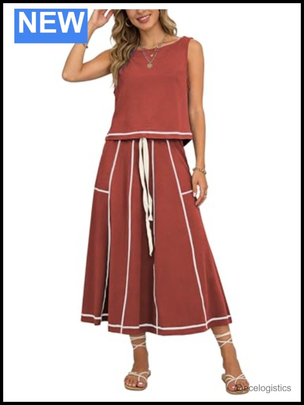 Women's 2 Piece Skirt Set Sleeveless Top Contrast Stitching Midi Skirt
